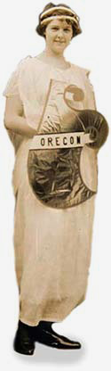 woman dressed in white stola  with Oregon shiled in front