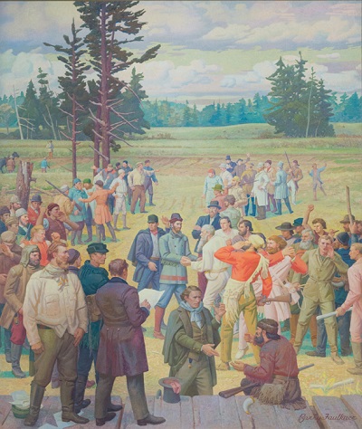 mural of settlers meeting at Champoeg