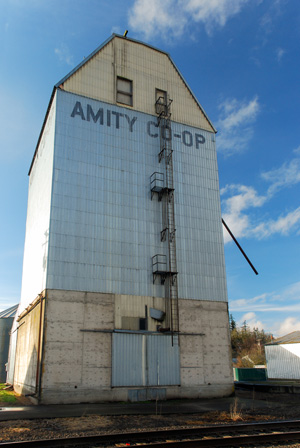 Grain elevator with 'Amity Co-Op' printed at top. Railroad tracks run in front of building.