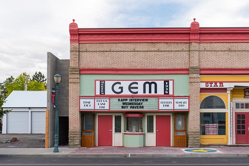 An old brick building houses the GEM theater located at 239 West main Street in Athena Oregon.