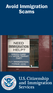 Door with sign asking if you need immigration help. Logo of U.S. Citizenship and Immigration Services.